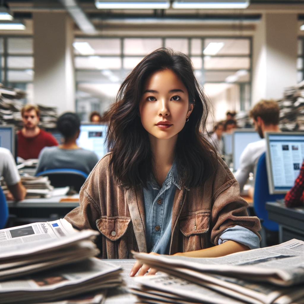 第一个图片描绘了瓜老师（李莉）作为一名年轻的新闻学专业学生，在校报编辑室里努力工作的场景。她被描绘为一个充满决心和好奇心的亚洲女性，身处一个繁忙的新闻编辑室环境中。