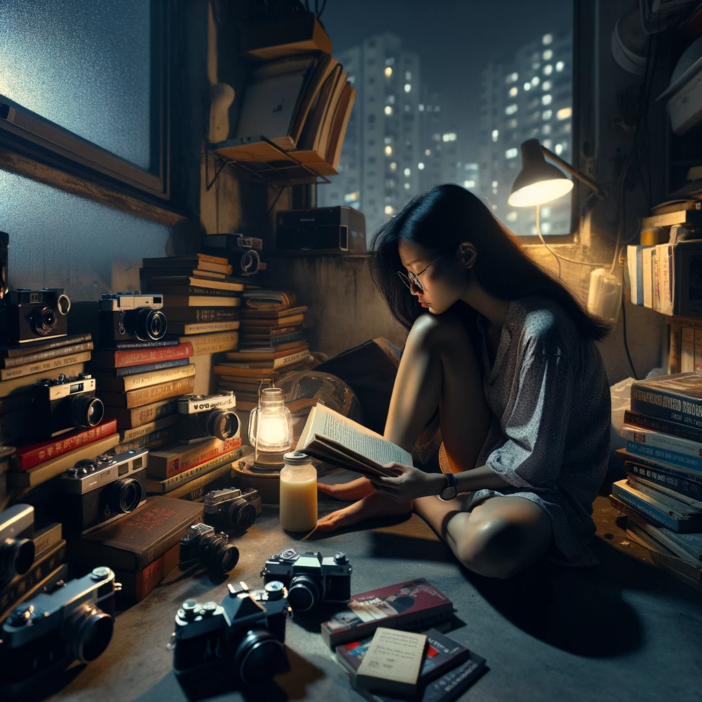 第二个图片展现了瓜老师在她位于香港郊区小公寓中的神秘个人生活。这里她被描绘为一个独自沉浸在阅读和写作中的人物，周围是她收集的老式相机和关于新闻学及社会学的书籍。