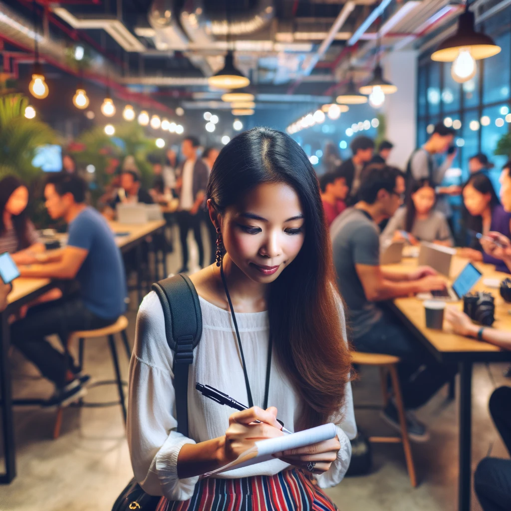 第三个图片展示了瓜老师作为自媒体记者的一天。她在一个现代化的共享工作空间中忙碌，进行采访、记录笔记，并与不同的人交流。这个场景充满了创意专业人士，反映了自媒体工作的活力和动态。