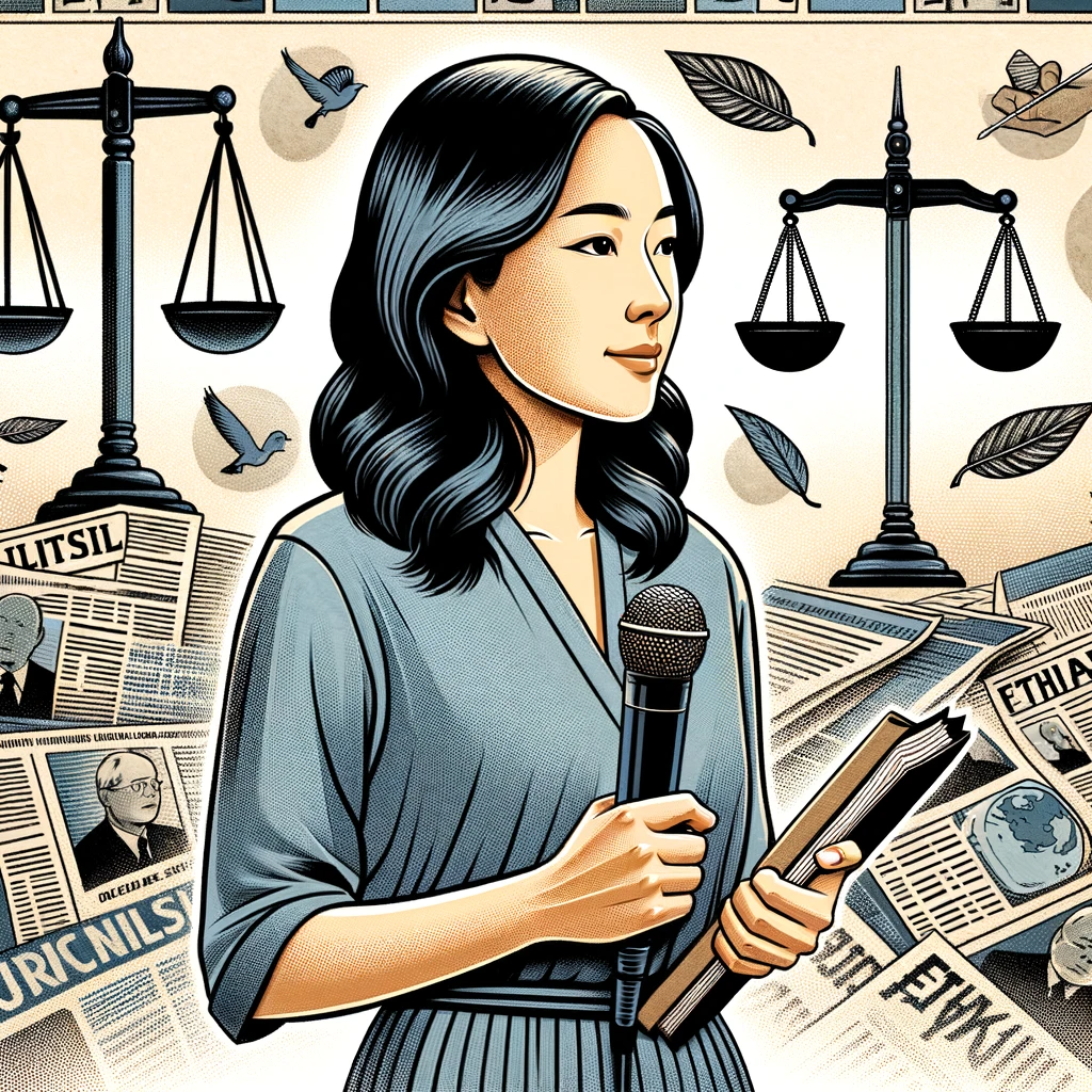 第四个图片描绘了瓜老师站在代表她的原则和信念背景前的形象。她手持麦克风和笔记本，象征着她对真实和道德新闻的承诺。背景是由报纸剪报、新闻道德象征和正义天平组成的拼贴画，展示了她对公平、准确和道德报道的献身精神。