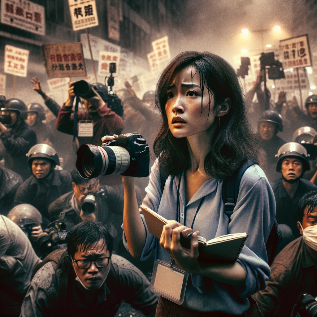 第五个图片捕捉了瓜老师在一个有争议的新闻事件中的勇敢形象。她在拥挤的街道上，被抗议者和媒体人员包围，手持相机和笔记本，记录着这一刻的紧张气氛。背景中可见的标语和横幅反映了事件的激烈性质，图片传达了她在混乱和争议中报道真相的勇气和决心。