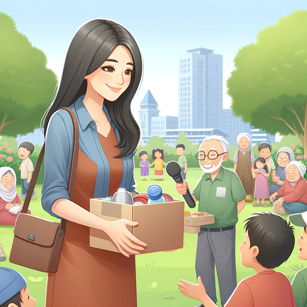 第六个图片展现了瓜老师参与社区服务活动的温馨场景。她在公园里，与孩子们和老人们一起分发食物和物资。她与社区成员互动时表现出的关怀和同情心是显而易见的。背景是绿树和晴朗的天空，象征着她致力于超越新闻工作，为社会福祉做出贡献。