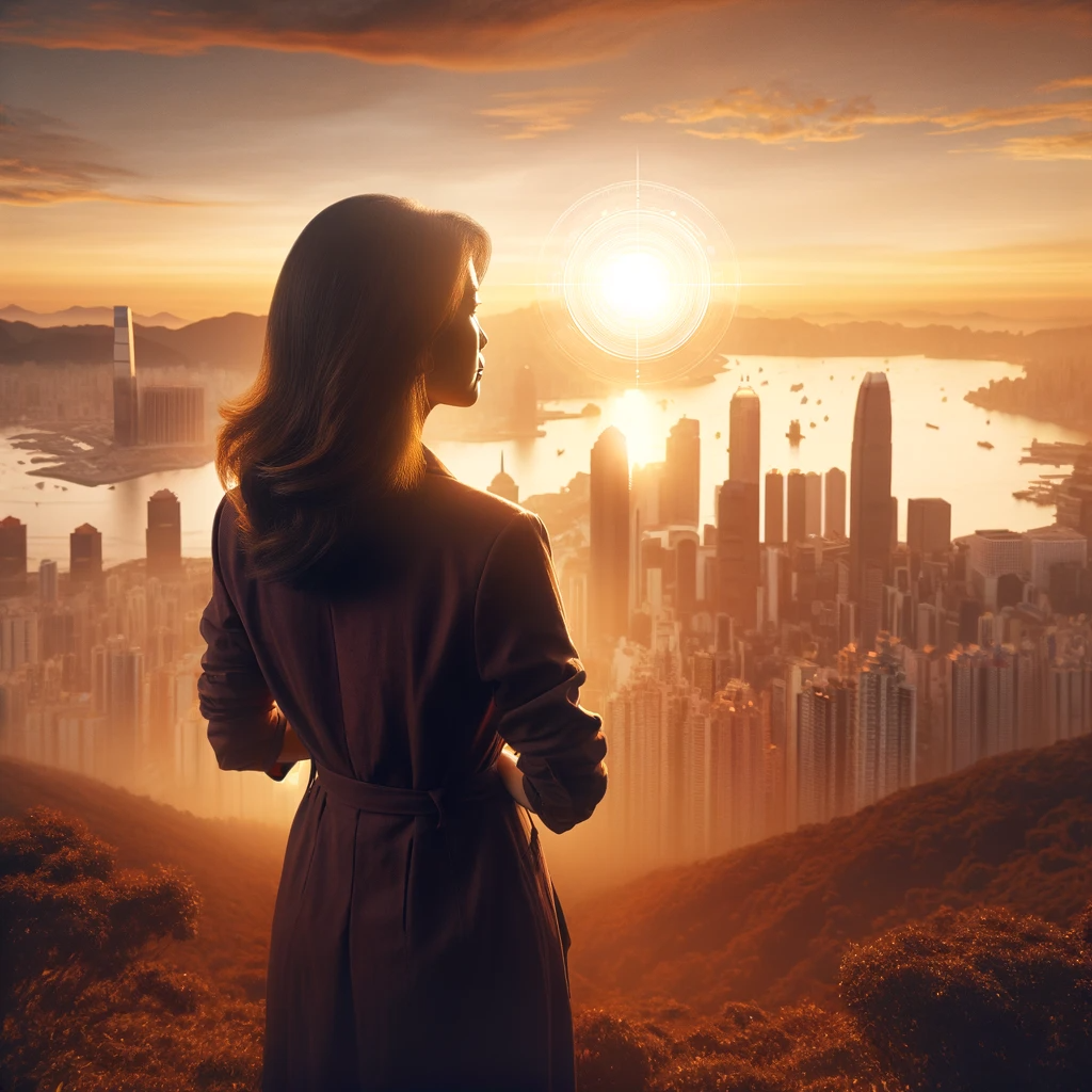 第七个图片描绘了瓜老师站在山顶上，俯瞰着广阔的城市景观，象征着她对未来的渴望和前方无限的可能性。她望向地平线，面露决心和希望。场景设定在日落时分，城市被温暖的光芒笼罩，代表她坚定不移的精神和在新闻界不断追求真理和新视野。