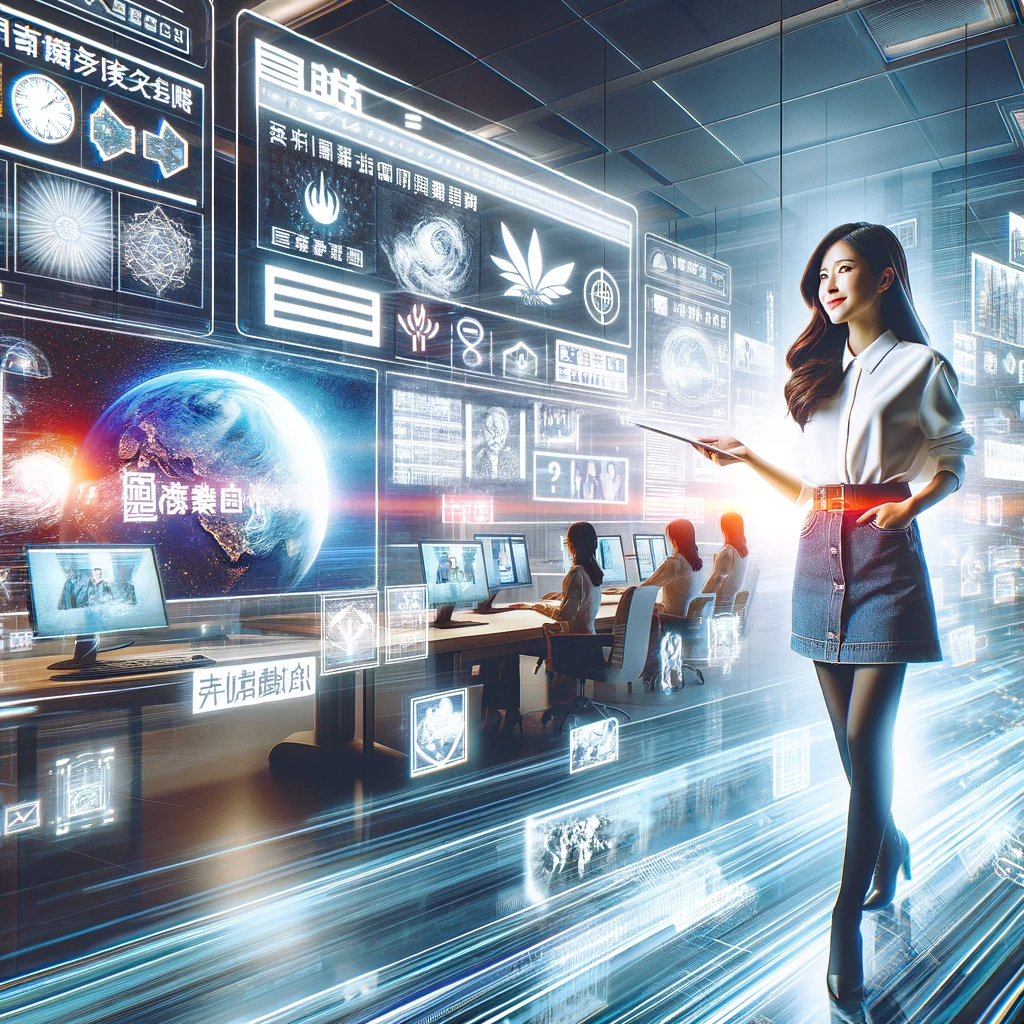 第八个图片展现了瓜老师启动她的新网站“瓜老师の笔记”的创意和未来派场景。图像中她身处一个现代化、高科技的办公室，周围是展示网站界面的数字屏幕。网站具有鲜明的图形、互动元素和新闻源，反映了她在新闻和媒体方面的创新方法。这个环境是动态的、前瞻的，象征着她职业生涯新篇章的开始。